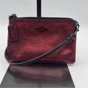 Coach SMALL L-ZIPWRISTLET IN METALLIC RED LEATHER 52444